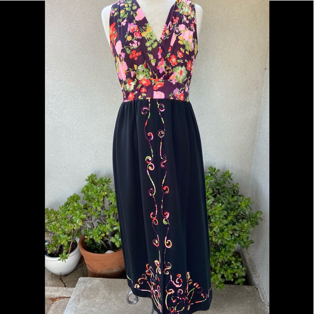 Vtg boho maxi dress black floral sz M custom made